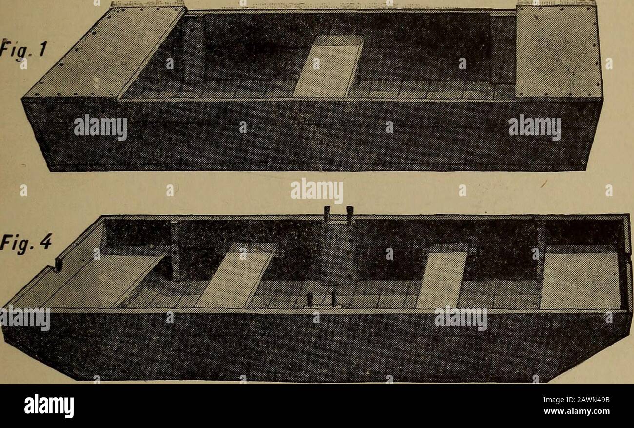 Harper's boating book for boys; a guide to motor boating, sailing, canoeing and rowing . aded. Asboth ends are the same it can be rowed or poled forward orbackward, and the overhanging ends allow plenty of seatingroom. The punt shown in Fig. 4 is fifteen feet long, nineteeninches deep, and four feet wide. The ends cut undertwenty inches, and at one end a skag and rudder can bearranged as shown in Fig. 2. The sides are made of two boards, one of six and theother of a twelve-inch width, and the added thickness ofthe bottom boards make the total depth of the sides nine-teen inches. The wider boar Stock Photo