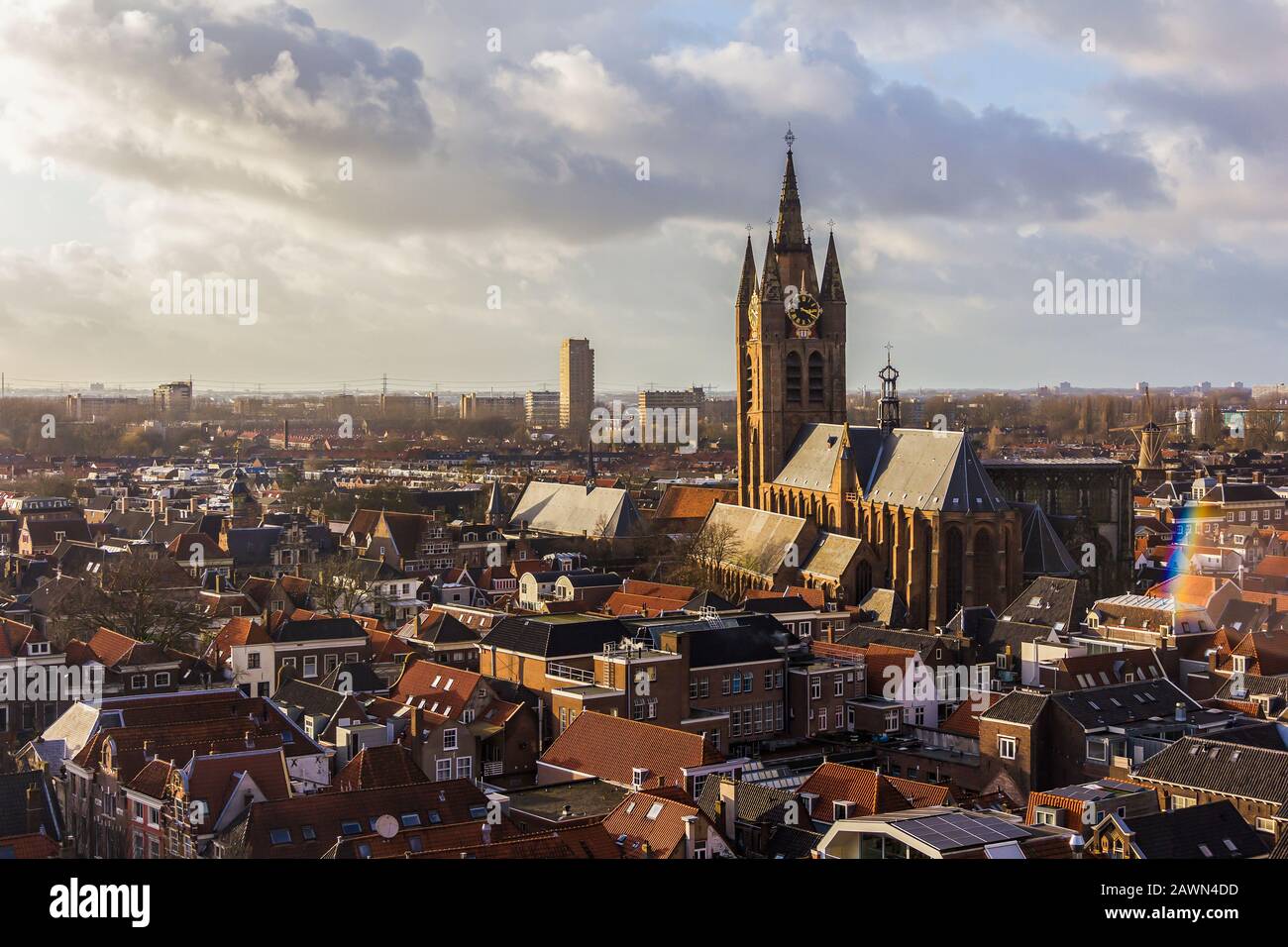Delft, the Netherlands, Holland,January 18, 2020. Top view from the New Church (Nieuwe Kerk) Bell Tower of  the leaning bell tower of the Old church Stock Photo