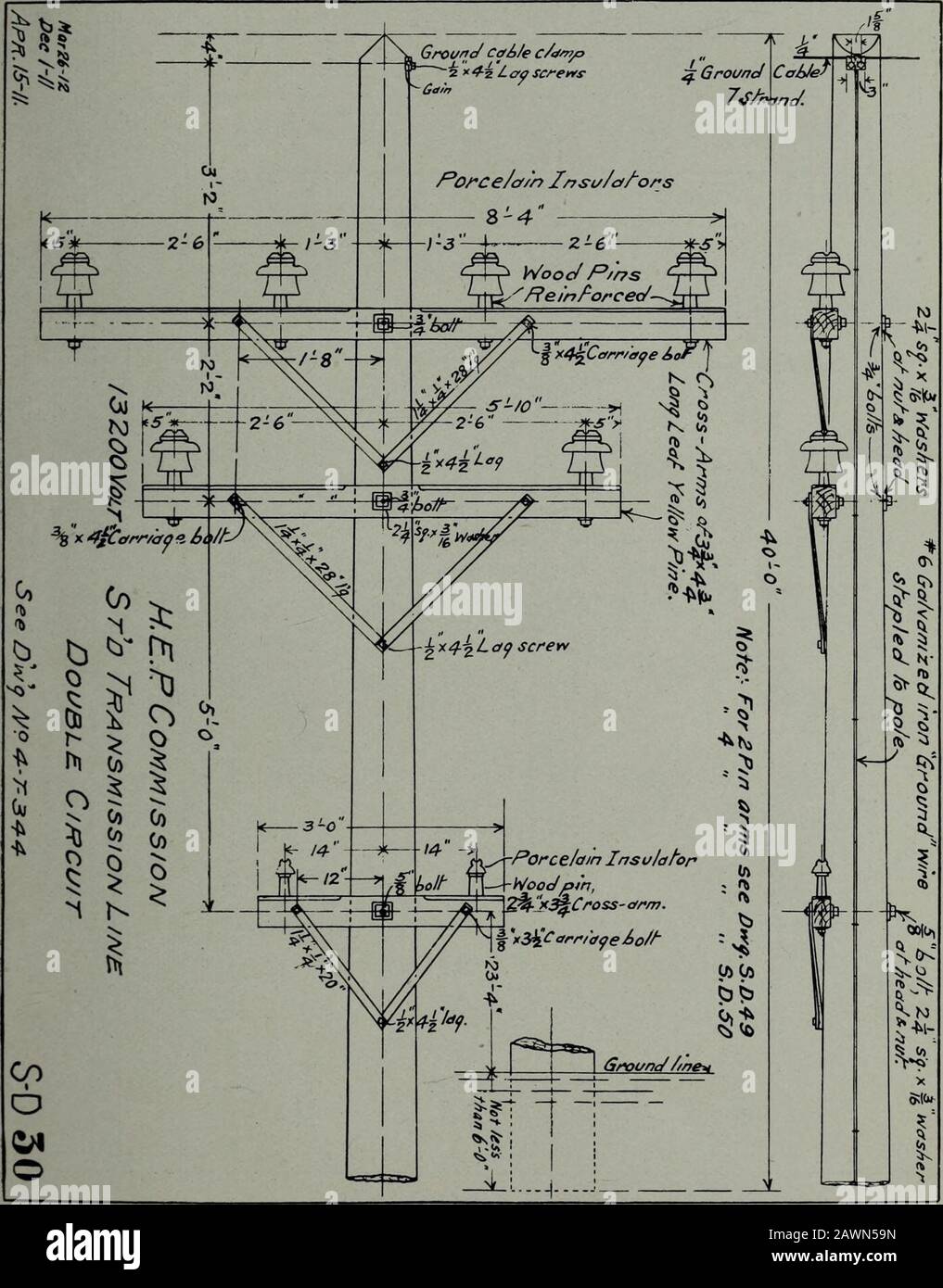 Annual report 1912 . Diagram of 2,200 Volt Pole Top men, each consisting of a foreman, time-keeper and from fifteen to twenty hands.The Construction Department also located the lines, surveyed private right of wayand superintended the construction of these lines. 1913 THE HYDRO-ELECTRIC POWER COMMISSION. 37 Right of Way The Right of Way Department secured easements for the right to place polesand anchors on approximately 6.44 miles of private property, and made agree-ments with the owners of property abutting highways for the right to trim alltrees so as to give a clearance of 10 ft. between a Stock Photo