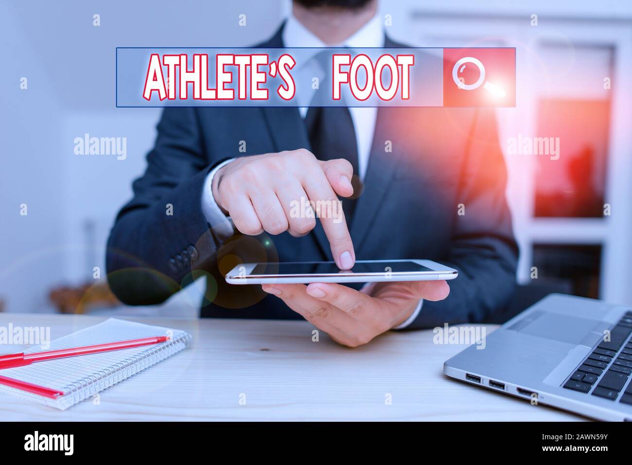 Handwriting text Athlete Foot. Conceptual photo a fungus infection of the foot marked by blisters Male human wear formal clothes present presentation Stock Photo