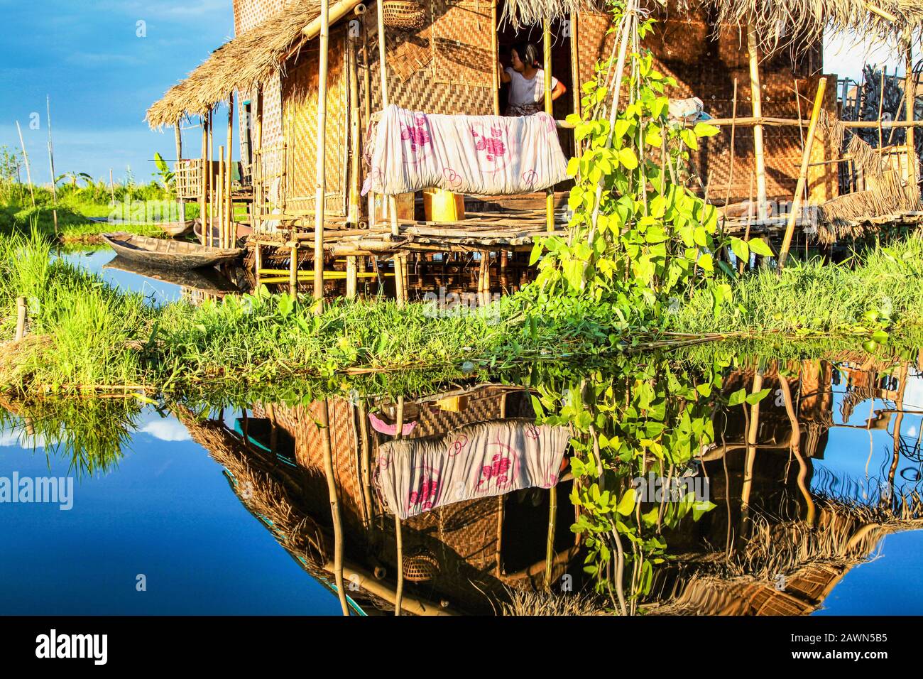 Wooden floating houses on Inle Lake in Shan, Myanmar, former Burma in