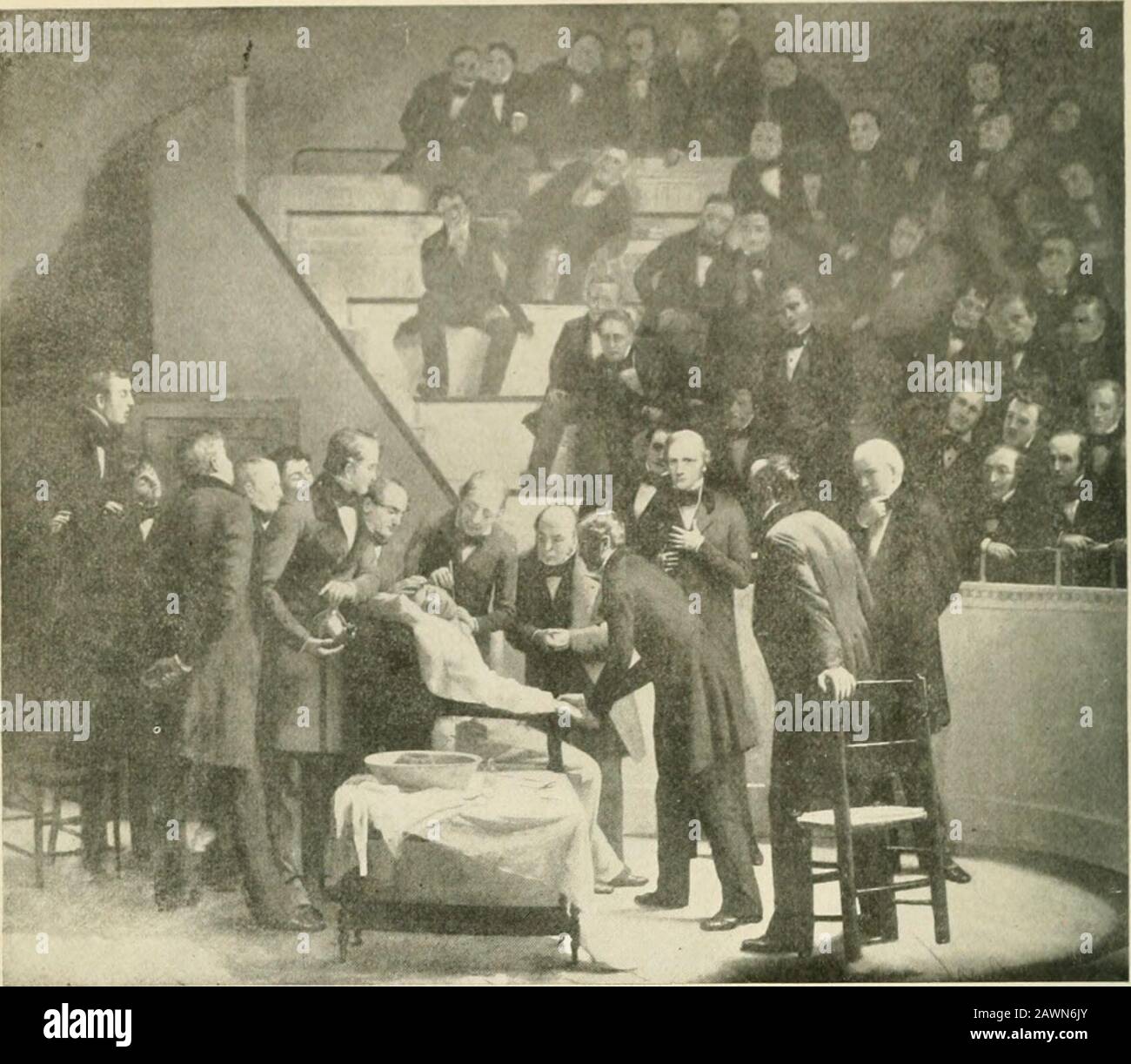 The practice of surgery . Ik.. 1. An ()i.i&gt; time Operating Room.The dome-amphitheater, Massachusetts General Hospital. The first public demonstration ofether anesthesia, October 16, 1846. (After the well-known painting, m the Boston MedicalLibrary, by Hobert Hinckley.;practiceofsurger00mumf Stock Photo