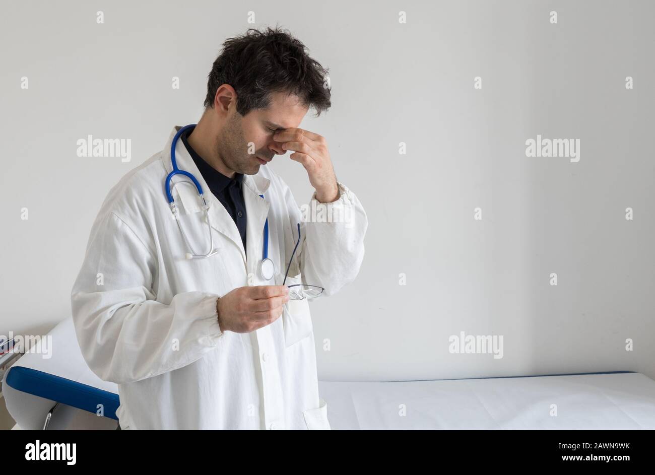 Stressed doctor with hand on his face. Burn out concept for healthcare ...