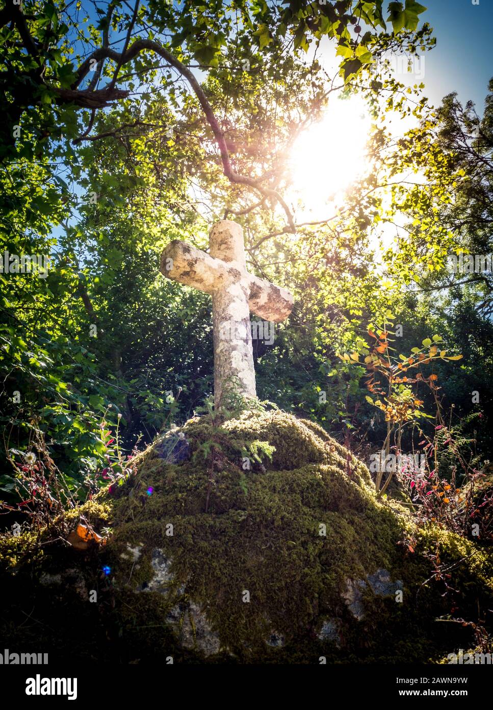 Low angle shot of an old stone cross on top of a hill covered with moss Stock Photo