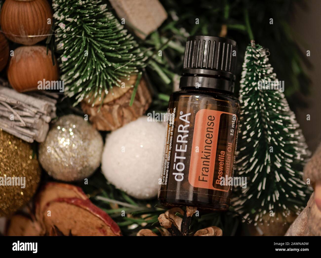 Banska Bystrica, Slovakia - December 8th 2019: High quality essential oil Doterra brand. Frankincense essential oil. Healthcare and wellbeing concept. Stock Photo