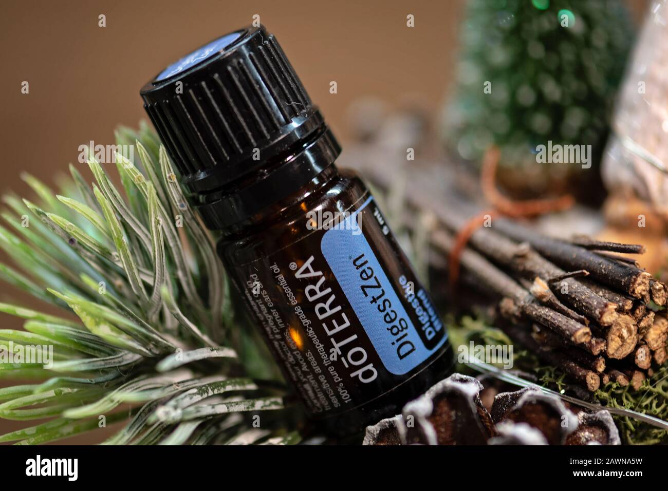 Banska Bystrica, Slovakia - December 1st 2019: High quality essential oils Doterra brand. DigestZen essential oil. Healthcare and wellbeing concept. Stock Photo