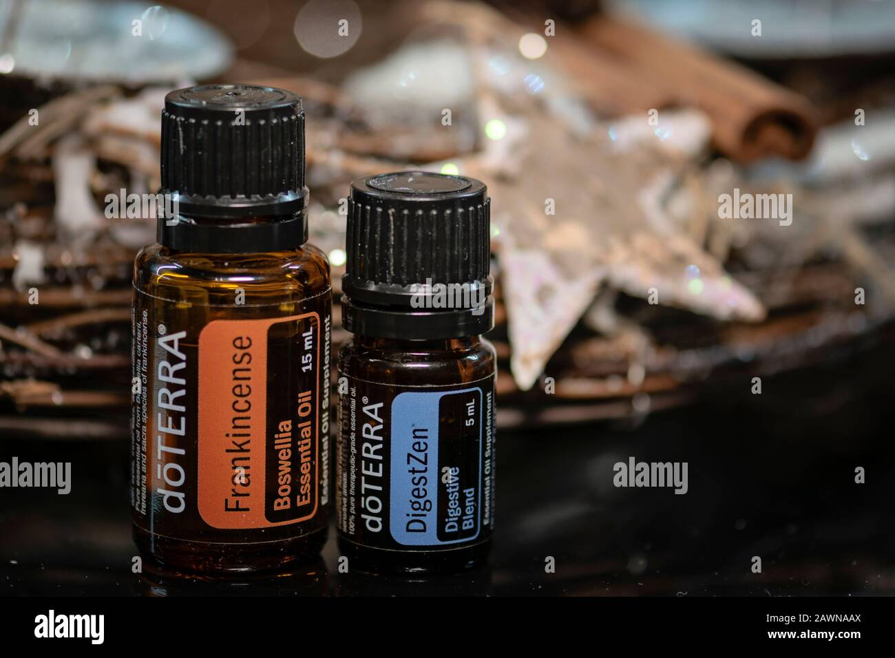 Banska Bystrica, Slovakia - December 8th 2019: High quality essential aromatherapy oils Doterra brand. Frankincense and DigestZen essential oil. Stock Photo