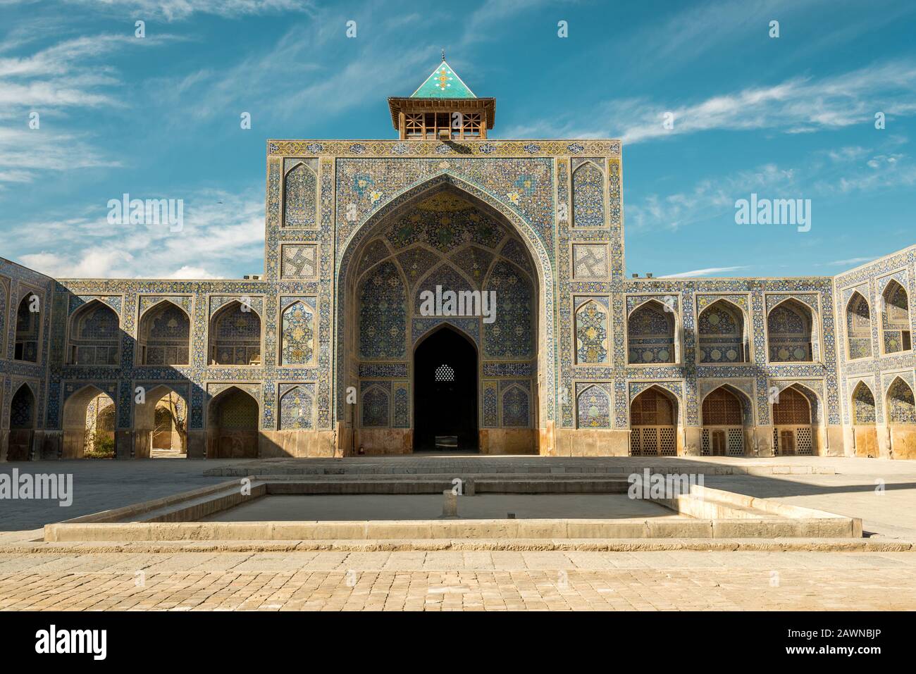 View of Shah Abbas Mosque, unesco heritage site, inside courtyard with iwan, Esfahan, Iran Stock Photo