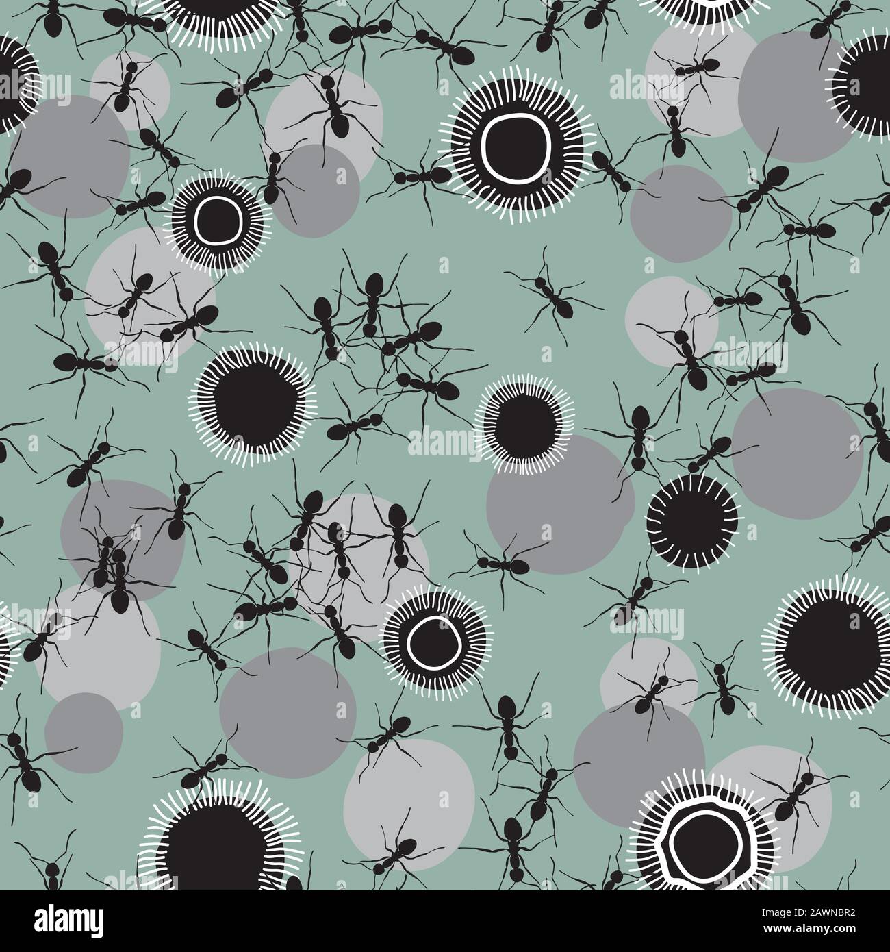 Random Ants Vector Seamless Pattern Representing Teamwork. Black and White on Mint Stock Vector