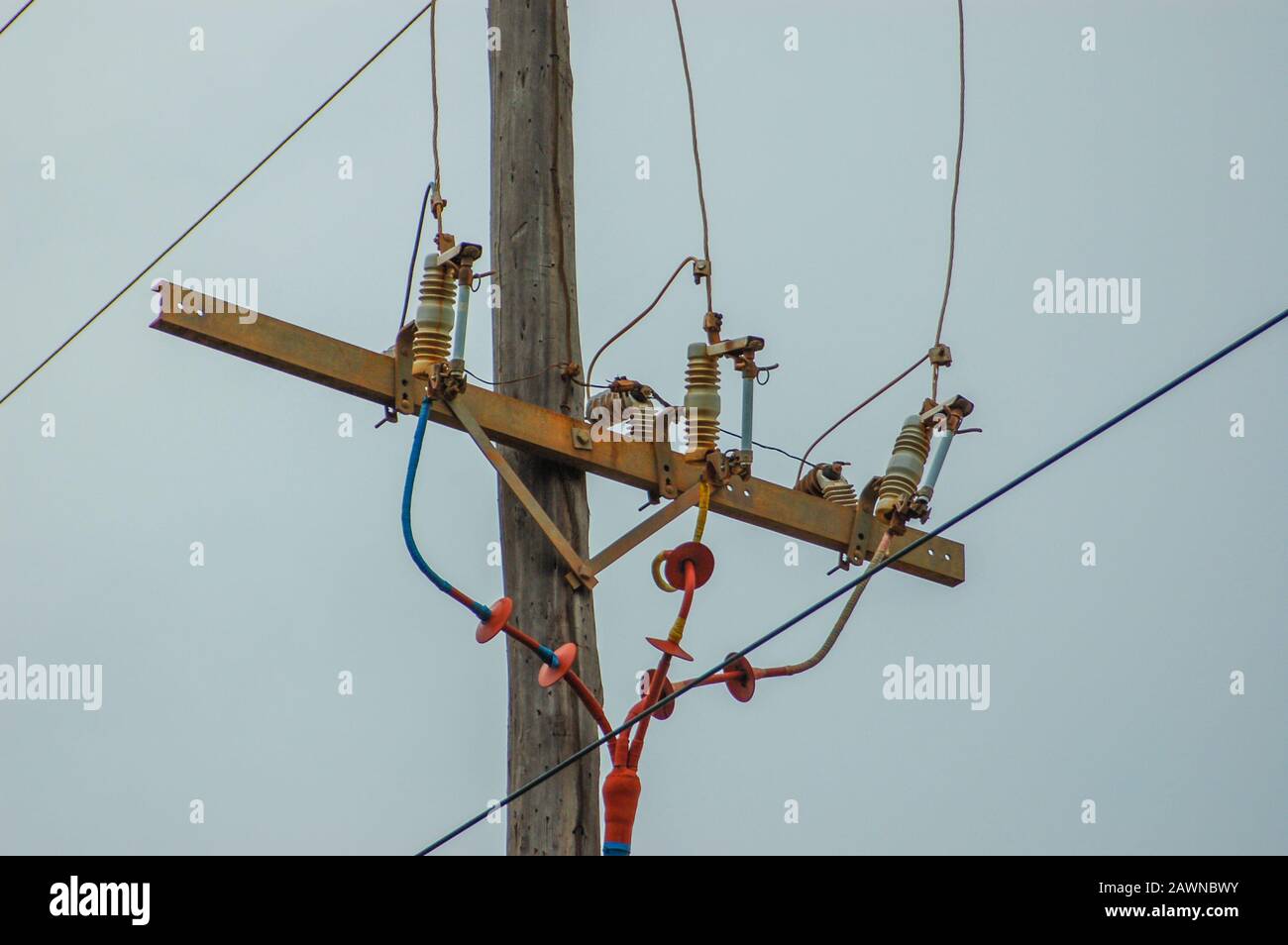 Electric power lines with power circuit breakers Stock Photo
