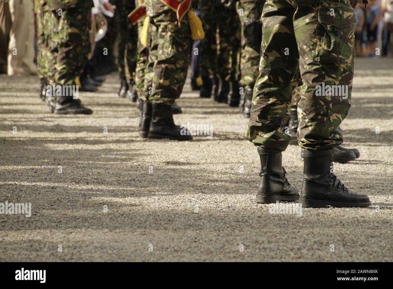 Closeup shot of soldiers wearing uniforms standing in lines Stock Photo