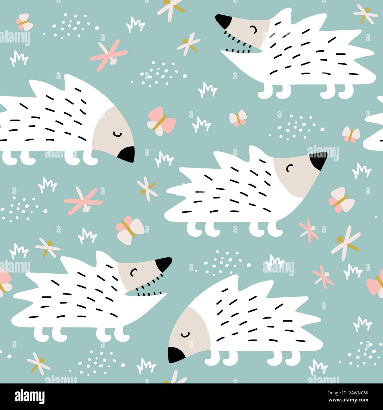 Seamless pattern with cute hedgehogs. Creative scandinavian children texture Stock Vector