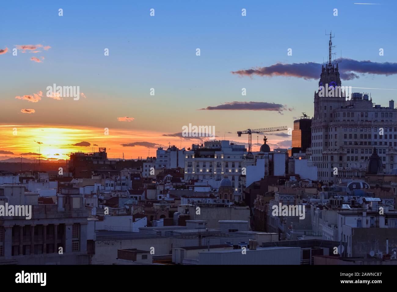 Downtown areal view of Madrid from the Circulo de Bellas Artes at sunset with colourful sky. Madrid, Stock Photo