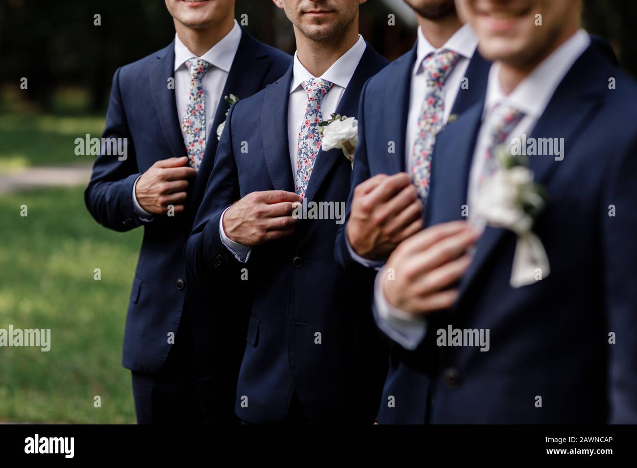 Elegant Groom S Men With Sttlish Flowers Tie White Flowers In Buttonhole The Groom S Men Are Dressed In A Dark Suit Wedding Day Outfit Of The Day Stock Photo Alamy