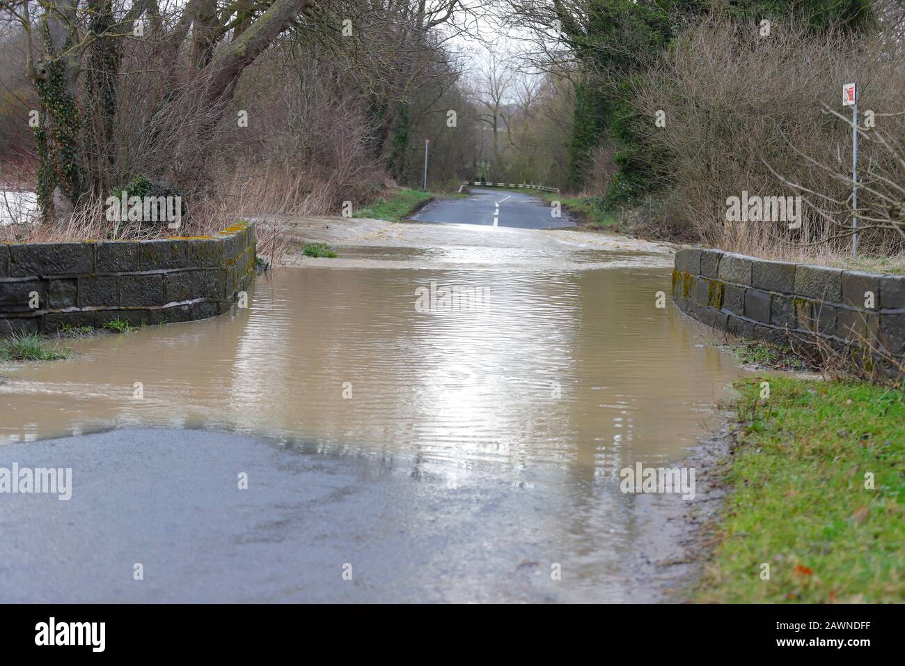 Flooding on Ledston Mill Lane in Ledston, West Yorkshire, after Storm Ciara brought flash flooding throughout the UK. Stock Photo
