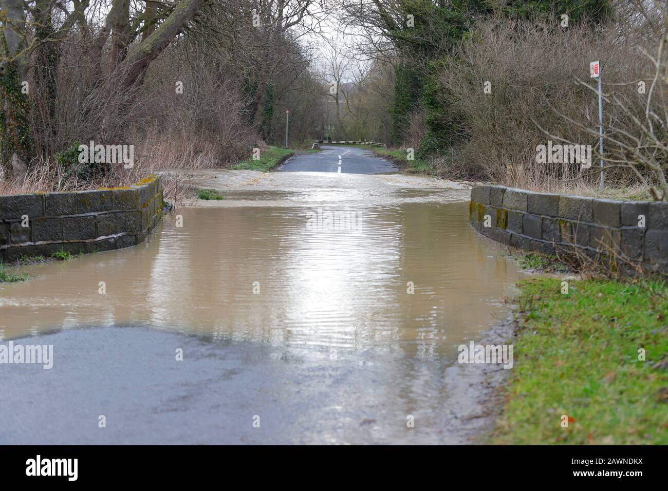 Flooding on Ledston Mill Lane in Ledston, West Yorkshire, after Storm Ciara brought flash flooding throughout the UK. Stock Photo