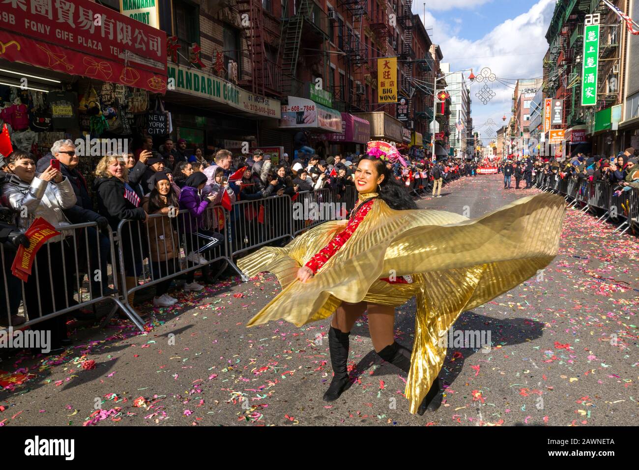 New York, USA. 9th Feb, 2020. A dancer performs during the Chinese New Year parade in Chinatown. Credit: Enrique Shore/Alamy Live News Stock Photo