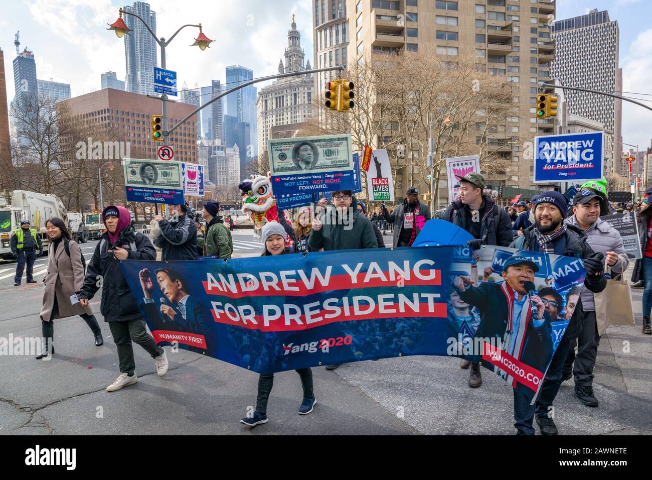 New York, USA. 9th Feb, 2020. Supporters of Democratic presidential candidate Andrew Yang participate in the Chinese New Year parade in Chinatown. Credit: Enrique Shore/Alamy Live News Stock Photo