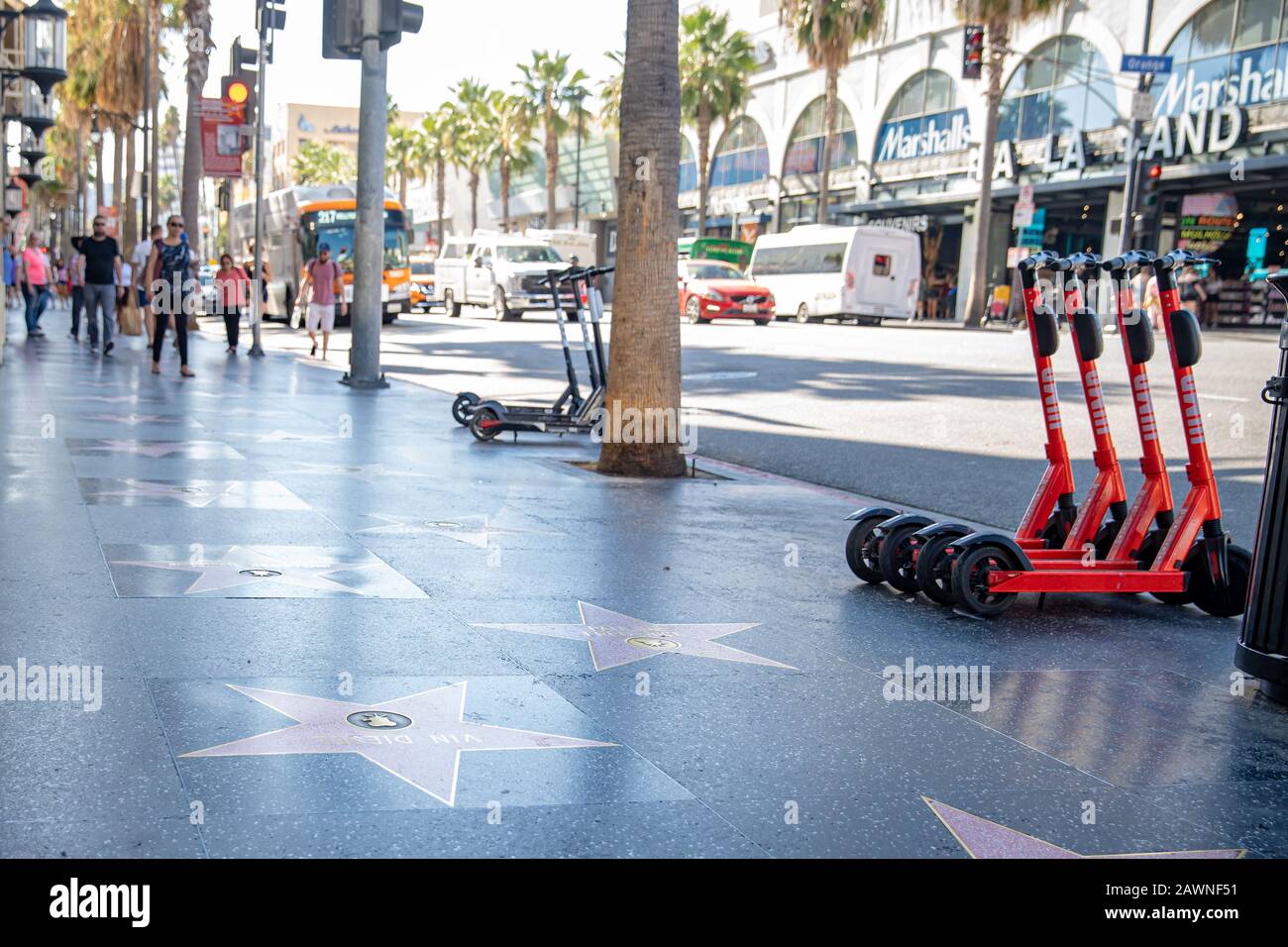 Los Angeles - september 5, 2019: Electric scooters for rent on the Hollywood Walk of Fame Stock Photo