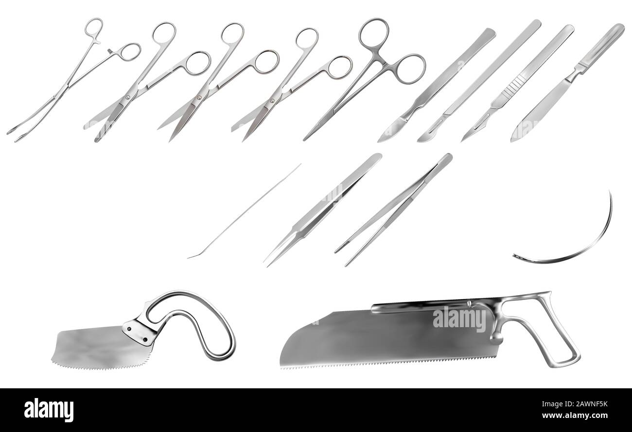 Set of surgical instruments. Tweezers, scalpels, Liston s amputation ...