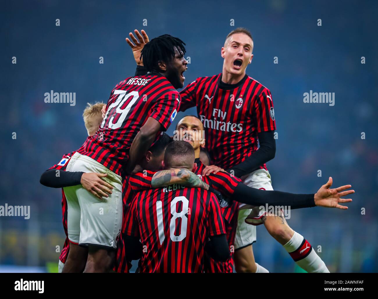 Milano, Italy, 09 Feb 2020, zlatan ibrahimovic of ac milan celebrates with  his teammates goal during