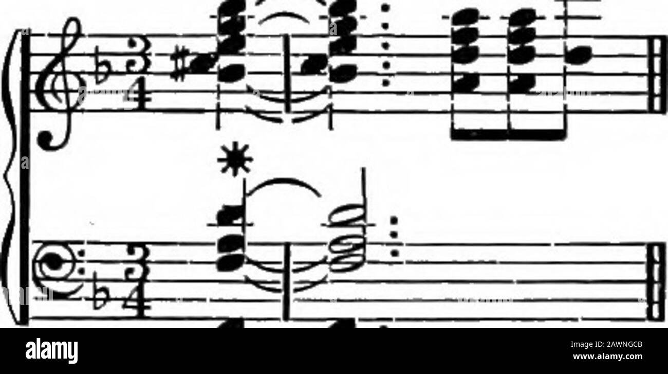 Harmony, its theory and practice . rteenth give the chord of thesubmediant. As the notes of this chord, whether in a major orminor key, are all consonant, we do not analyze it as a deriva-tive (Compare §§ 391, 418), but as a diatonic triad. 443. It was said in § 421 that it was extremely rare to findall the notes of a chord of the thirteenth present at once. Theonly example we have met with is in a well-known passage inthe finale of Beethovens Choral Symphony, quoted by Mac-farren in his Six Lectures on Harmony as a specimen of thechord in its complete shape :— Beethoven. 9th Symphony. Ex. 366 Stock Photo