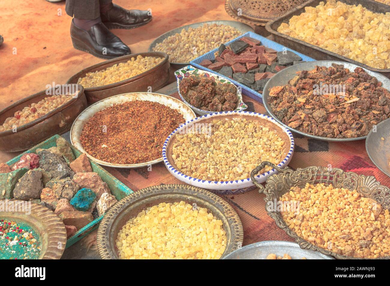 Closeup of sale of incense, stones, aromatic herbs and spices in