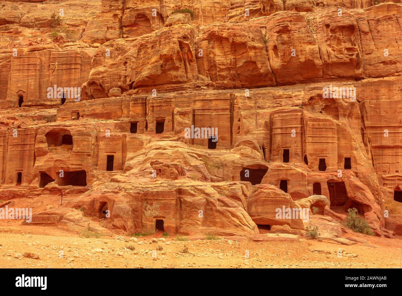 Closeup of Urn tomb, the Court, located in the side of the mountain known as al-Khubta, above Wadi Musa in Petra, Red Rose city, in Jordan. Stock Photo