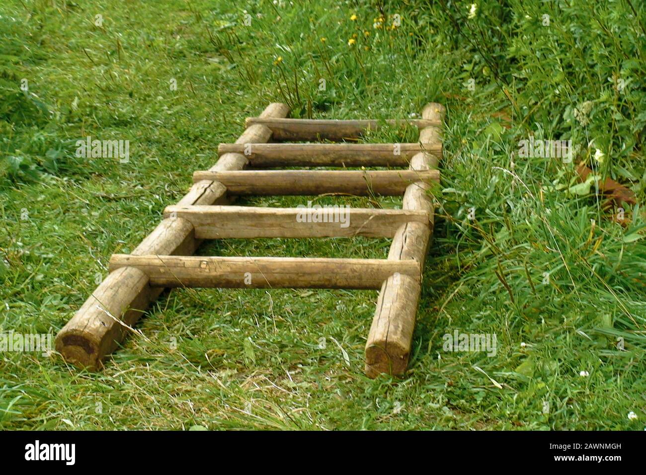 Natural wooden stairs lie on green grass on a clear day. Handcrafted