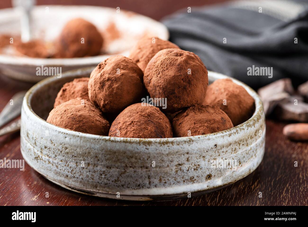 Chocolate truffles on plate. Homemade chocolate truffles, chocolate
