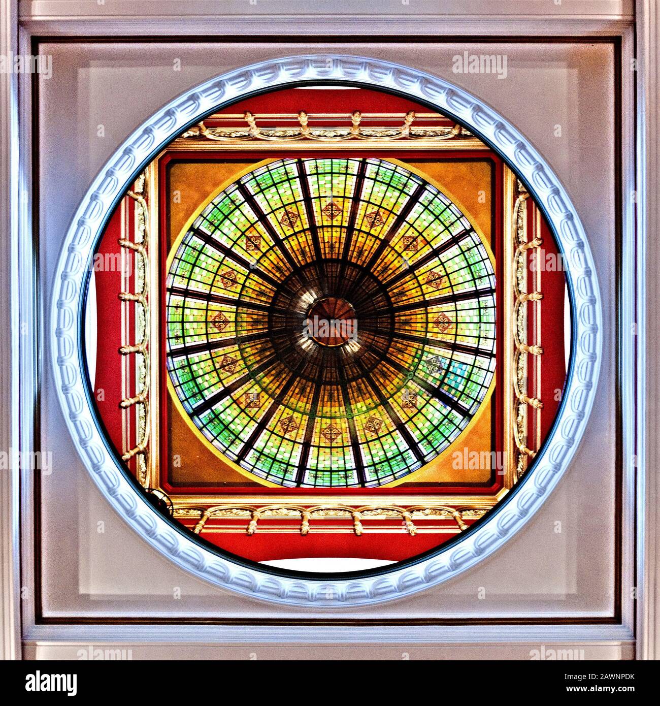 Vertical view of stained glass dome on the Queen Victoria Shopping