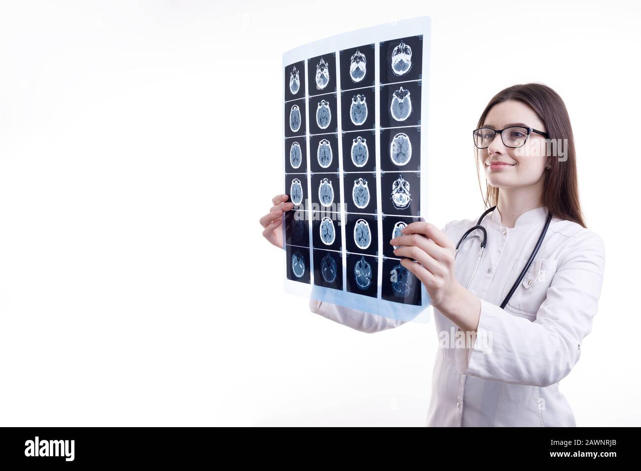 Smiling Female MD is Contented by Head Tomography Film Stock Photo