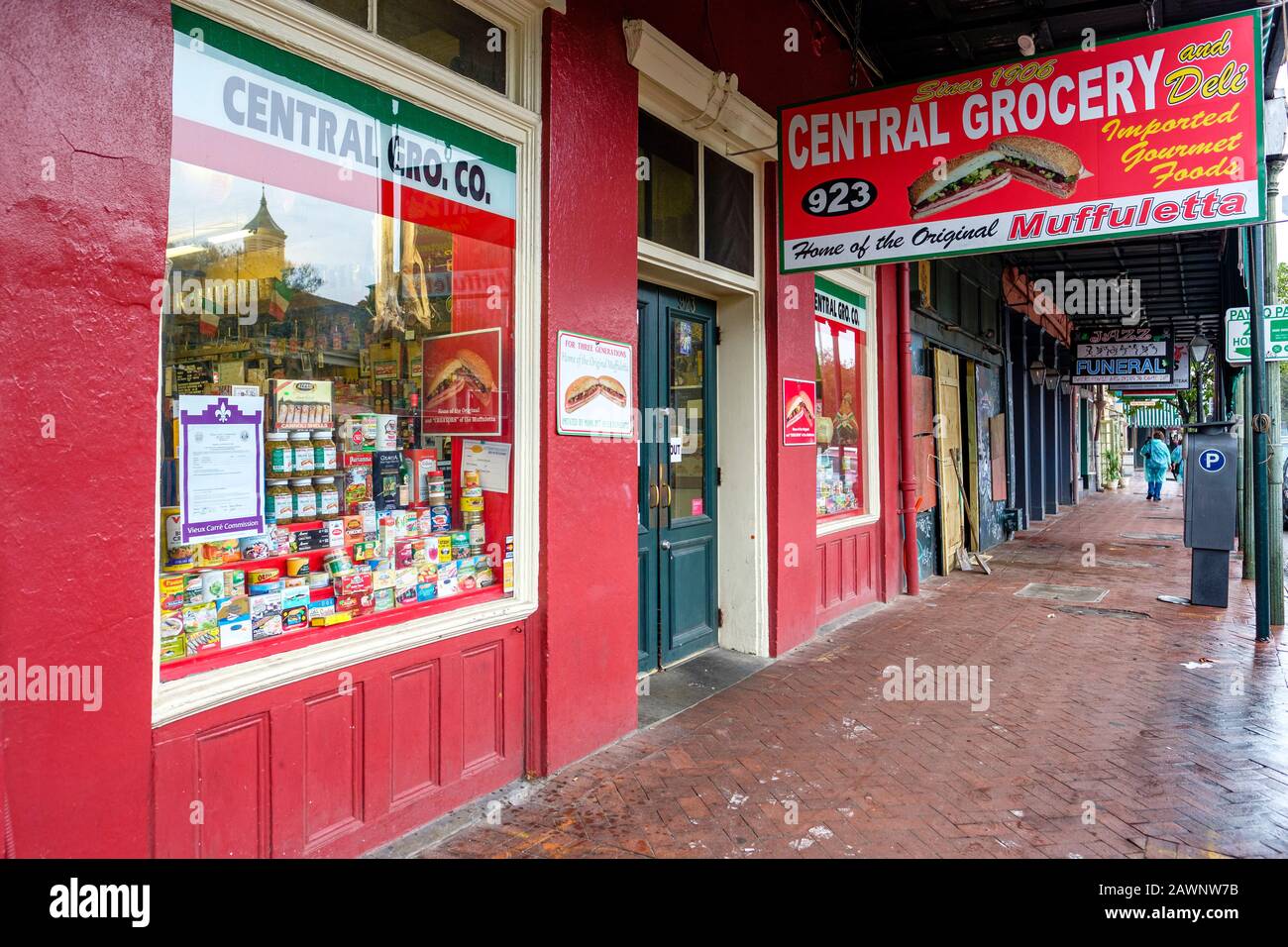 Outside Central Grocery and Deli on Decatur Street, home of the original muffuletta sandwich, French Quarter New Orleans, USA Stock Photo