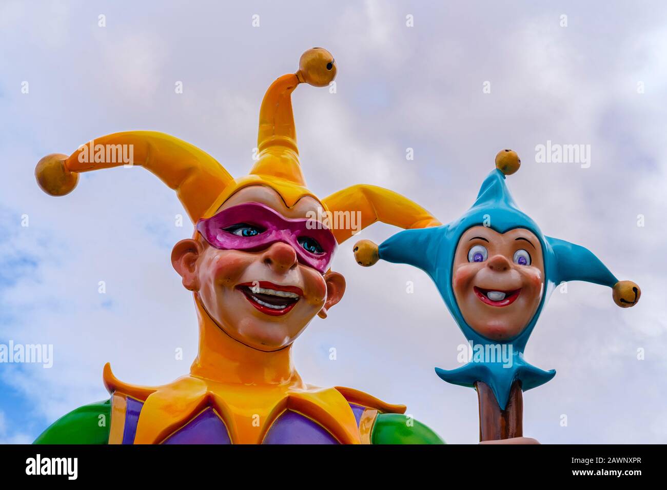 Close-up of Mardi Gras jester statue, Riverwalk, River Walk, New Orleans, NOLA, Louisiana, USA Stock Photo