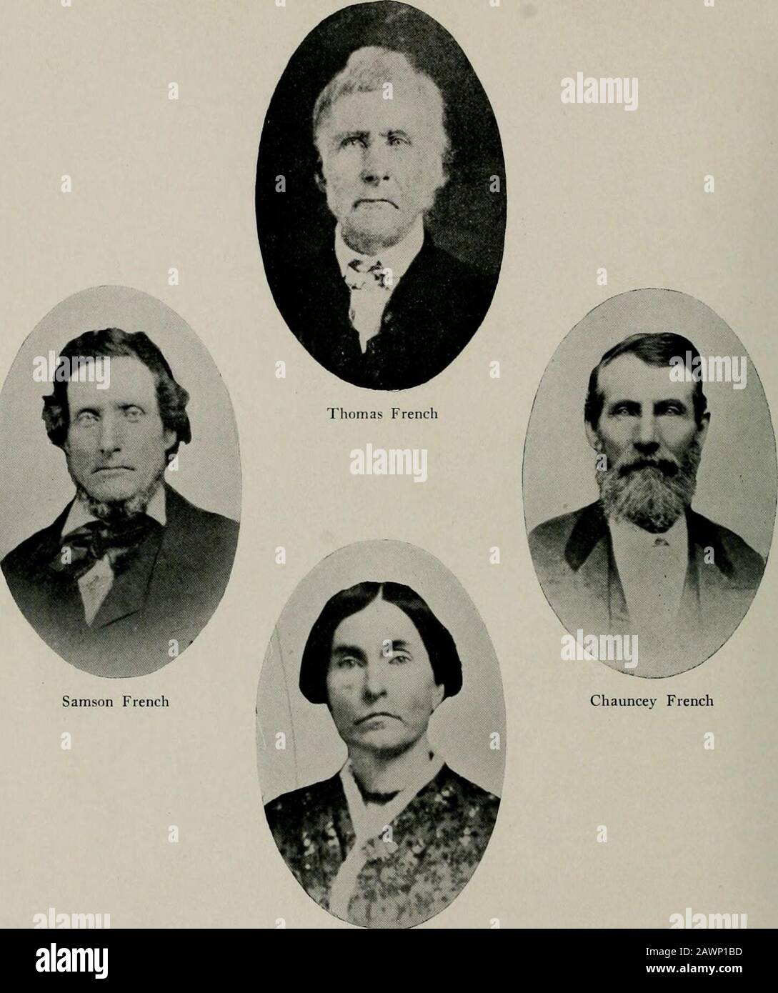 A genealogical history of the French and allied families . Polly Temple, Wife of ThomasFrench Jr.. Harriet French Lee Thomas French and Three of His Children FRENCH AND ALLIED FAMILIES 147 1. Nancy M., born January 20, 1833; died December 29,1836. 2. Mary A., born November 7, 1833; died May 18, 1853,Burlington, Michigan. 3. Rebecca J., born in Chenango December 2, 1835; mar-ried J. S. Hudson; died at Ganges, Allgum county, June,1877. 4. James Marshall, born in Chenango December 29, 1837;married Catherine C. Osborne. 5. Sydney J., born in Chenango July 30, 1840; died in Bur-lington, Calhoun cou Stock Photo