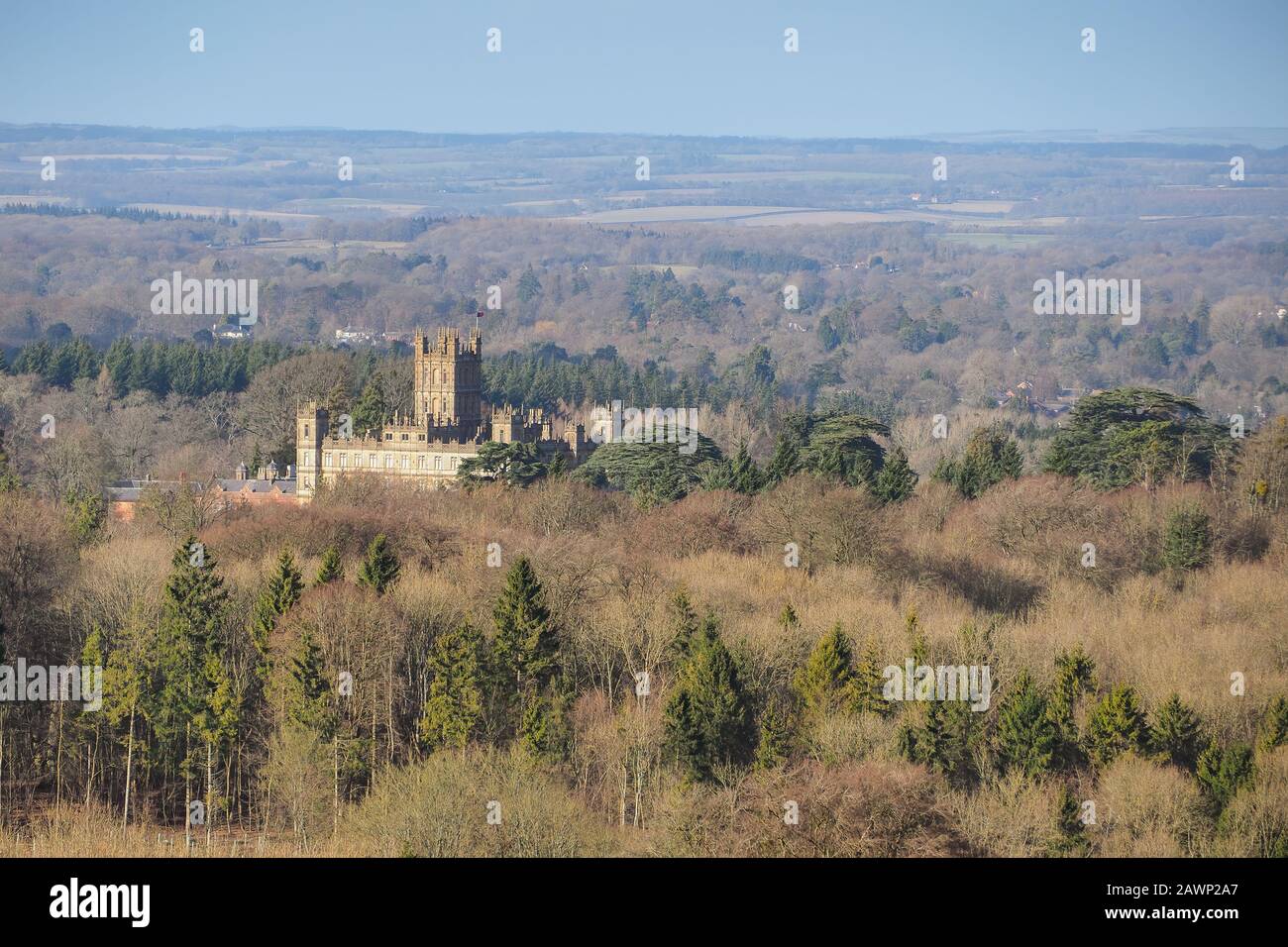 Highclere Castle, location used for the period drama television series Downton Abbey, below Beacon Hill, near Newbury Stock Photo