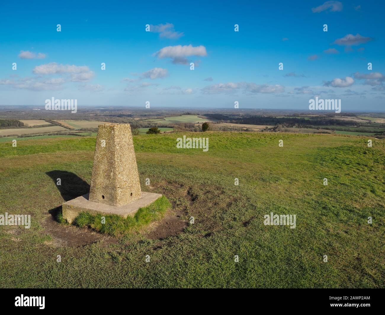 Triangulation point at the top of Beacon Hill, Burghclere, overlooking Watership Down and countryside of Berkshire Stock Photo