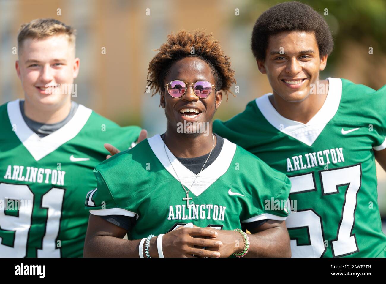 Arlington, Texas, USA - July 4, 2019: Arlington 4th of July Parade, Members  of Arlington High School, Colts football team pose for the camera at the p  Stock Photo - Alamy