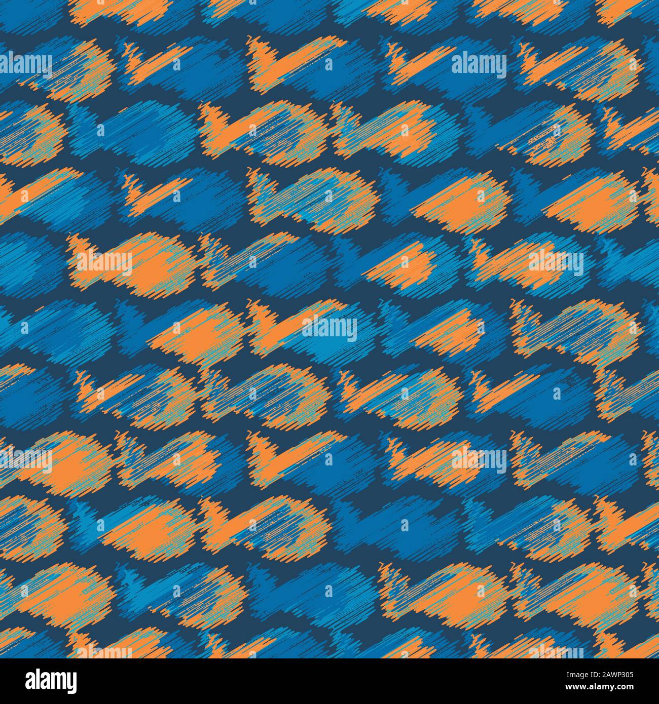 blue and orange scribbled fish silhouettes seamless vector pattern Stock Vector