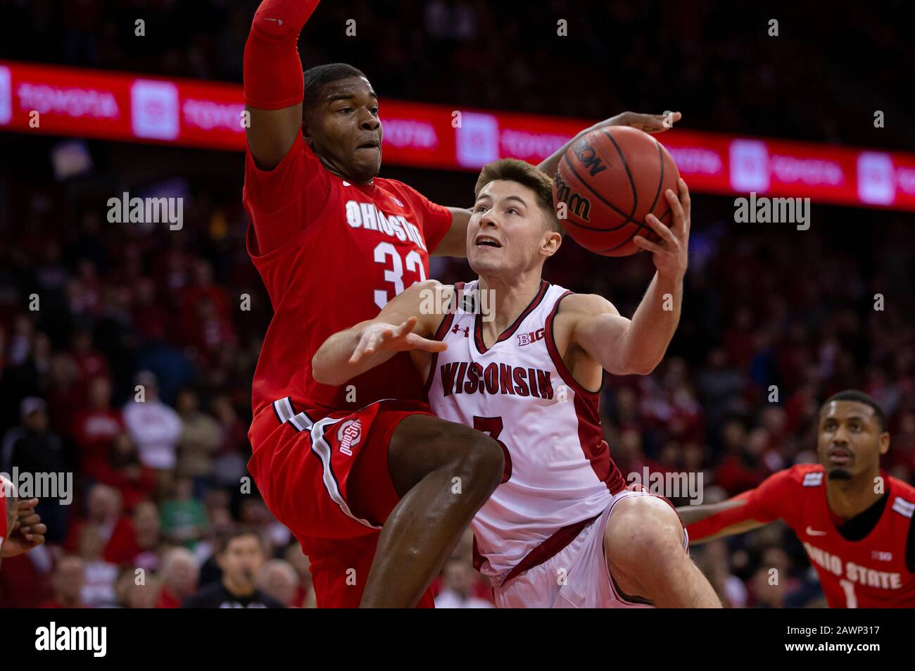 February 9, 2020: Wisconsin Badgers guard Walt McGrory #3 shot is blocked by Ohio State Buckeyes forward E.J. Liddell #32 during the NCAA Basketball game between the Ohio State Buckeyes and the Wisconsin Badgers at the Kohl Center in Madison, WI. John Fisher/CSM Stock Photo