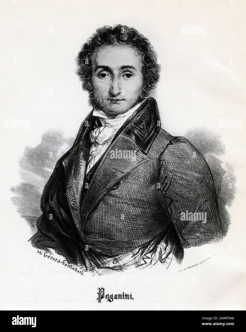 1831 , PARIS , FRANCE : The celebrated italian virtuoso violinist and music composer Niccolò PAGANINI ( 1782 - 1840 ). Portrait lithographed by Henri Stock Photo