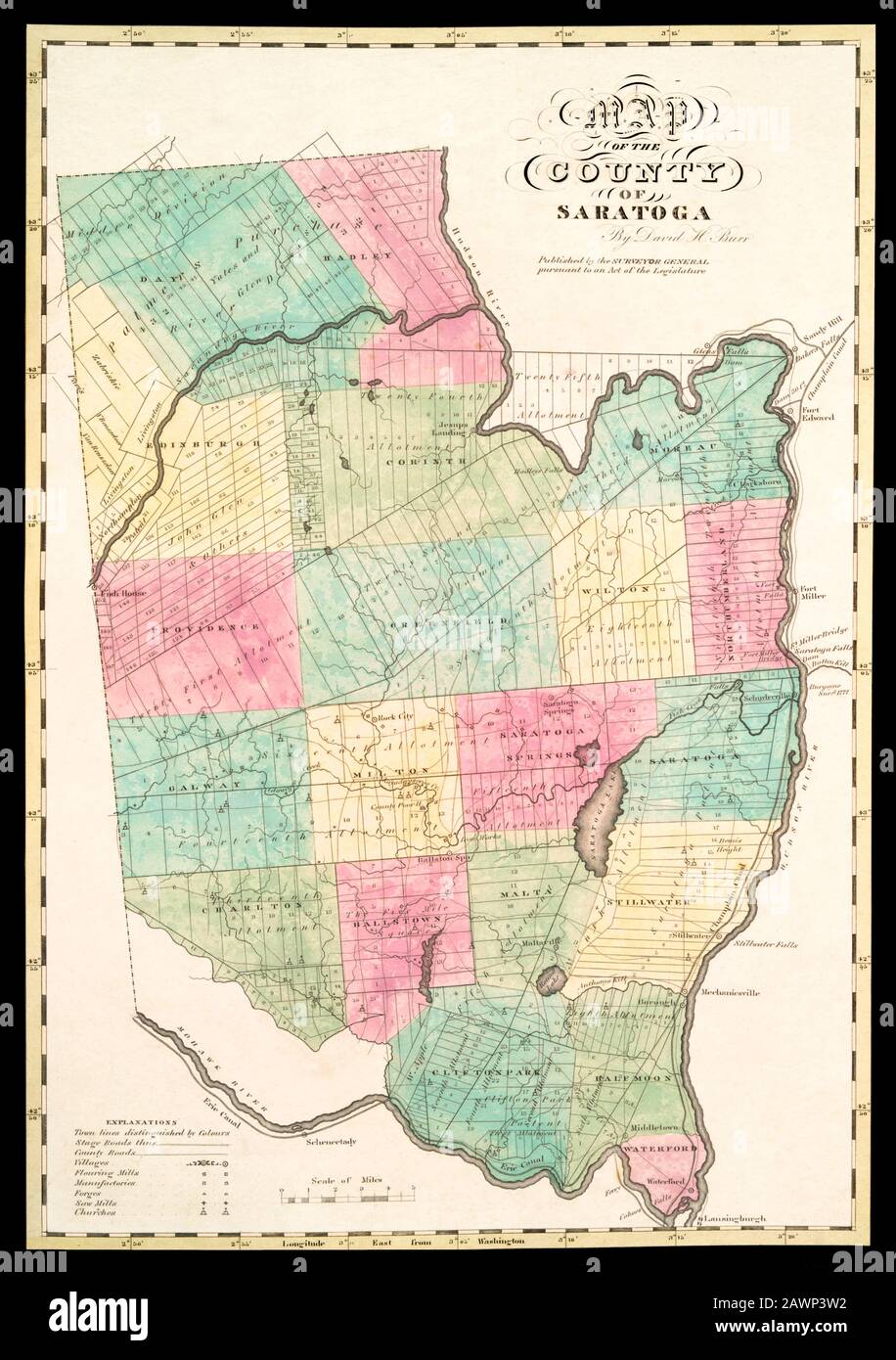 Map of Saratoga County, New York 1829 Stock Photo