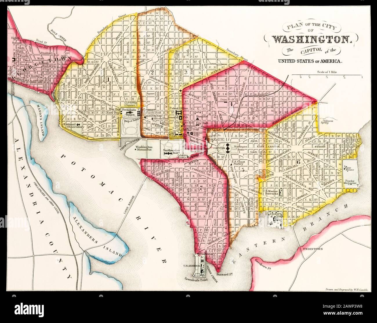 Map of the City Of Washington, District of Columbia,1863. Stock Photo