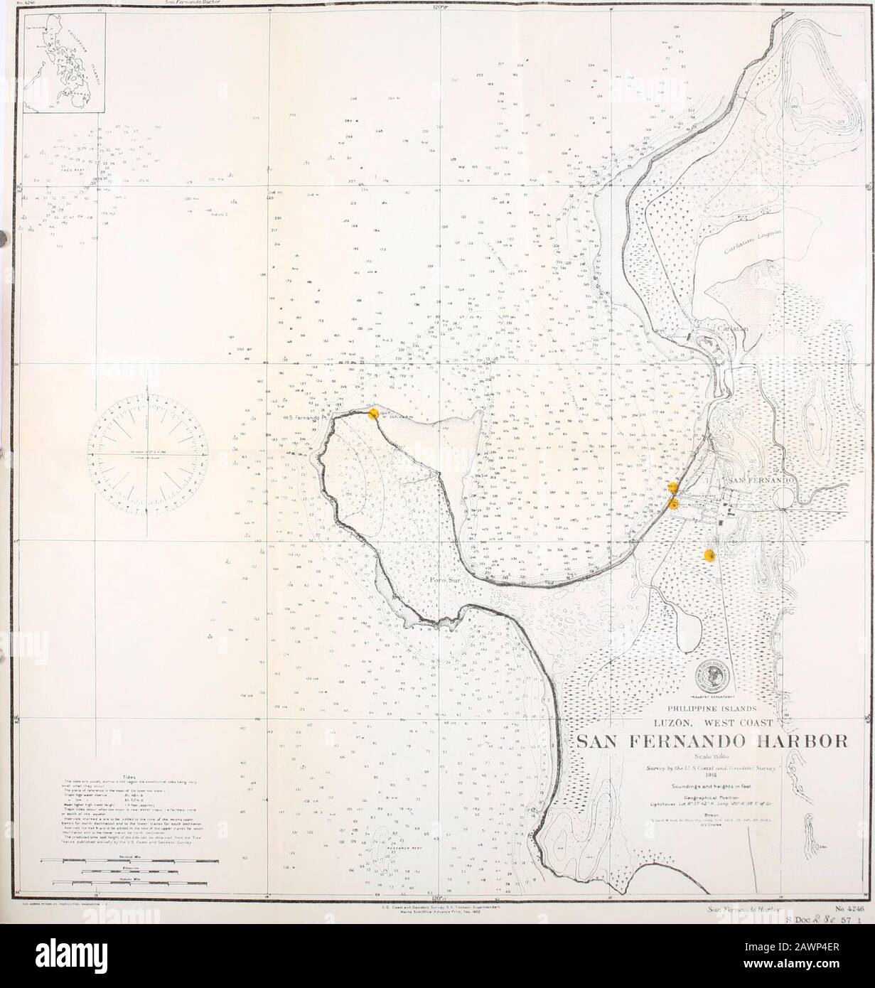 A pronouncing gazetteer and geographical dictionary of the Philippine Islands, United States of America with maps, charts and illustrations . ne and a continuation of the Cordillera Central form the E. boundary,the highest summit being Mt. Biumaca, 19 m. E. by N. of San Fernando and INIt.Santo Tomas, 7,418 ft. high, E. of Agoo. From these heights the AV. side dropssuddenly to plains along the coast not more than 10 to 15 m. distant. All the riversexcept one passing Naguilian and 2 others in the S., have their rise on the AY. water-shed and empty into the China Sea. BAYS AND HARBORS. About 20 m Stock Photo