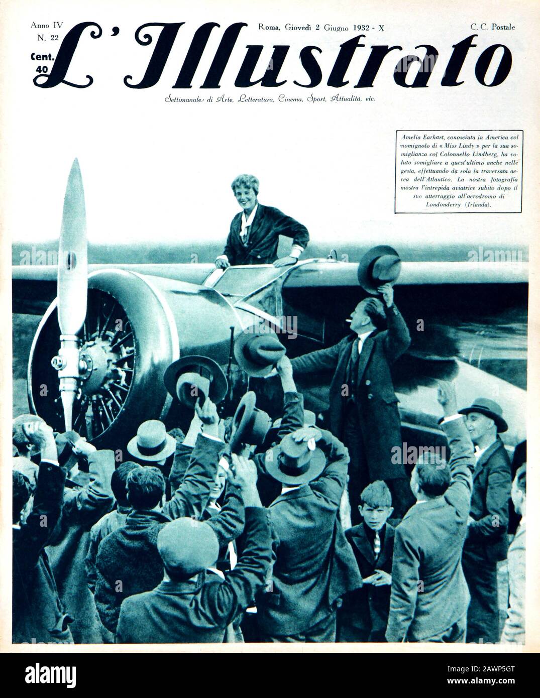 1932  , USA  :  Italian illustrated magazine L'ILLUSTRATO , 2 june 1932 , with in cover the  most celebrated woman aviator AMELIA EARHART ( 1897 - 193 Stock Photo