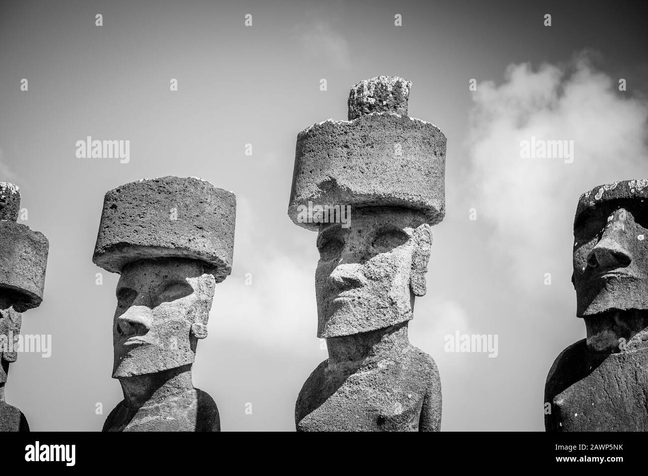 View of the heads of restored moai with topknots standing on Ahu Nao