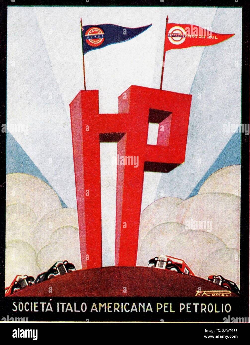 1928 , ITALY : Poster advertising BENZINA SUPERIORE LAMPO , Società Italo Americana del PETROLIO GENOVA - AUTARCHIA  . Illustration by F. Romoli - STA Stock Photo