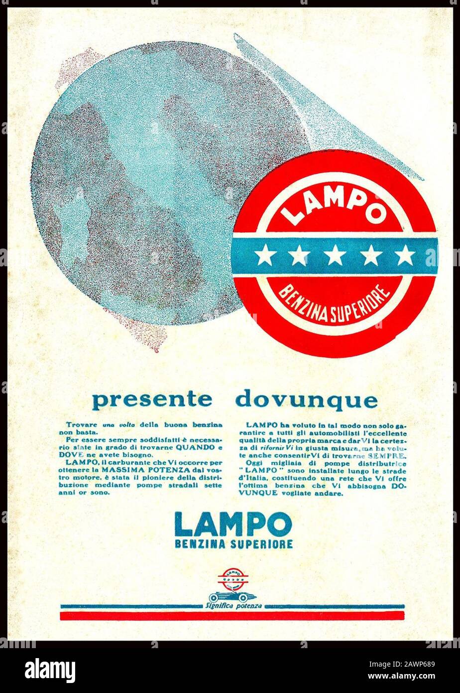 1929 , ITALY : Poster  BENZINA SUPERIORE LAMPO , Società Italo Americana del PETROLIO GENOVA but in 1929 the words regarding USA friendship was delete Stock Photo