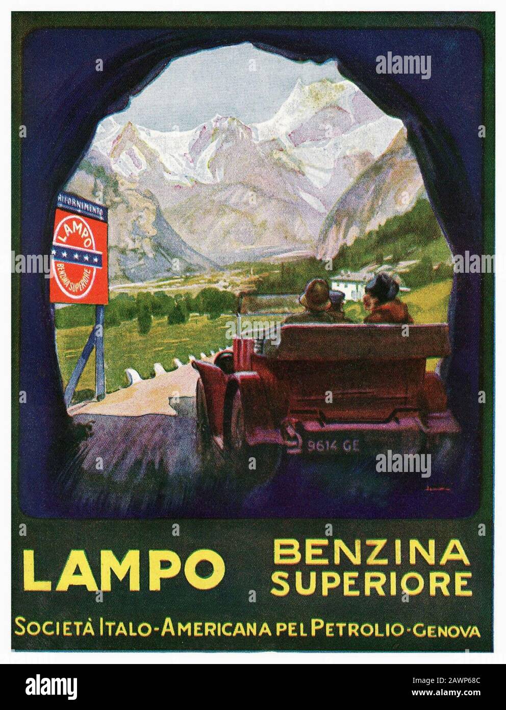 1928 , ITALY : Poster advertising BENZINA SUPERIORE LAMPO , Società Italo Americana del PETROLIO GENOVA - AUTARCHIA  .- STANDARD MOTOR OIL USA - U.S.A Stock Photo