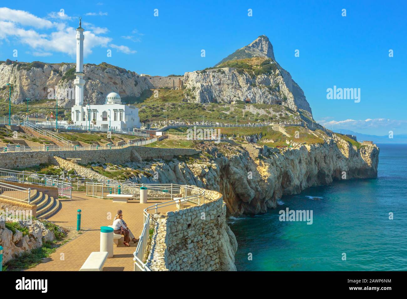Gibraltar, United Kingdom - April 24, 2016: Europa Point with Ibrahim-al-Ibrahim Mosque and the profile of Gibraltar Rock. Europa Point is the Stock Photo